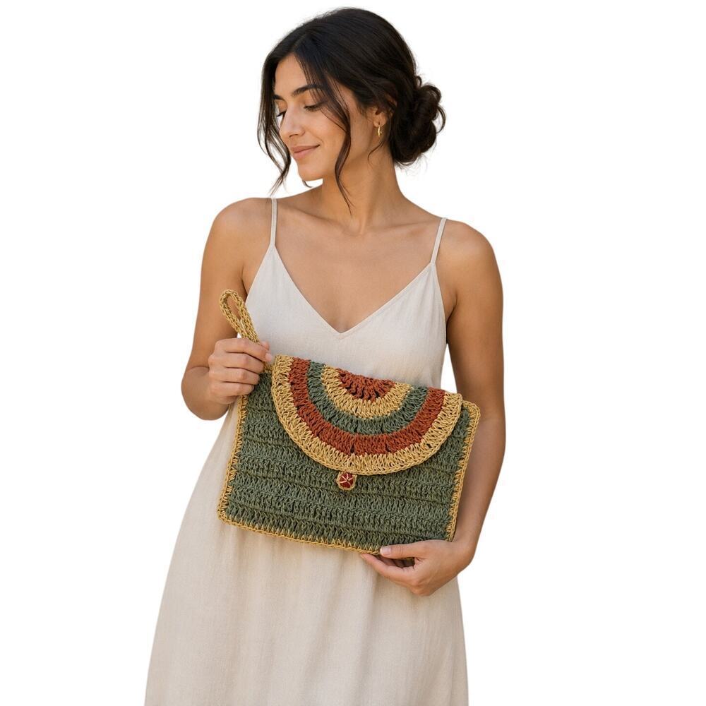 Handmade Boho Woven Clutch Bag Fringe Straw Knit Wristlet Beach Purse